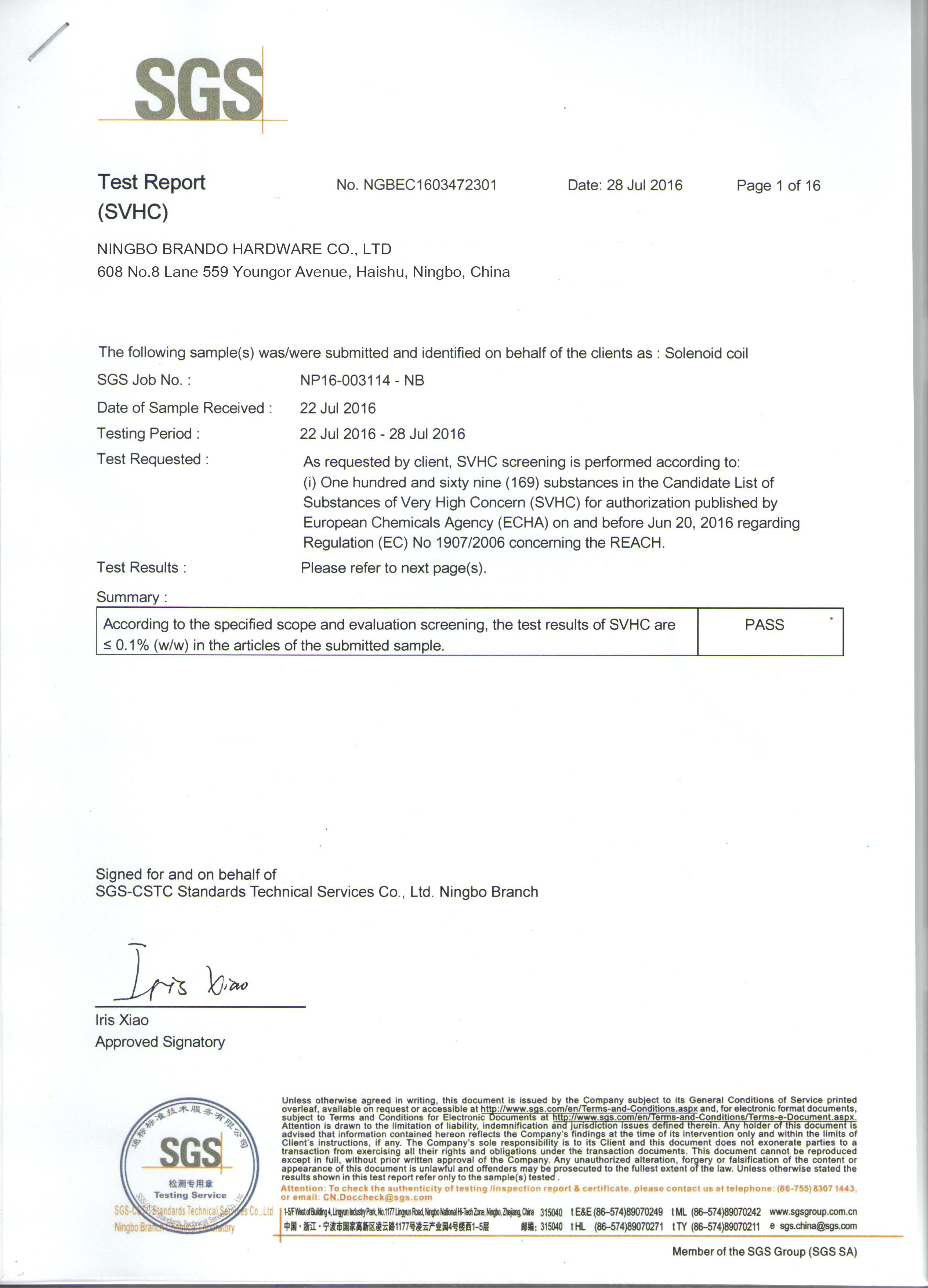 CHINA Ningbo Brando Hardware Co., Ltd Certificaciones
